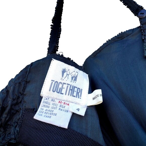 Black Beaded Dress 80s XS Together Silk Black Colorful - Picture 15 of 16